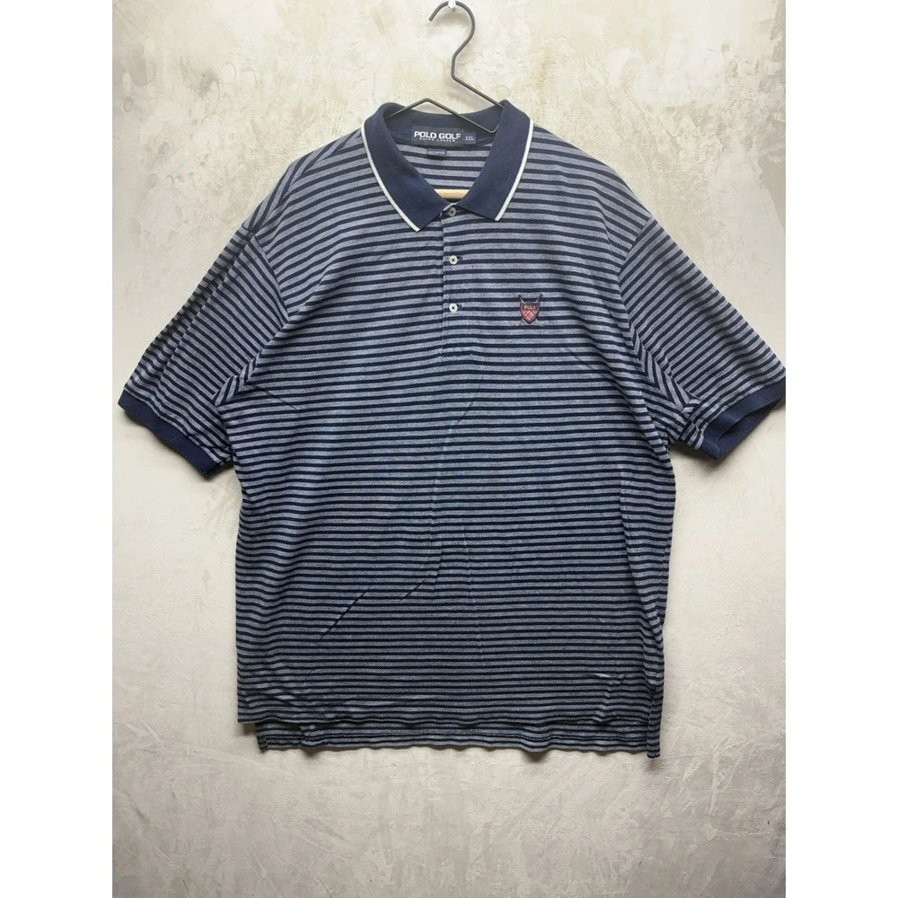 VTG 90s Polo Golf Ralph Lauren Polo Shirt Mens XXL Blue Gray Striped Crest